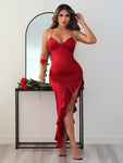 SHEIN SXY Women Sexy Valentine Ruffle Layered Backless Red Dress For Wedding