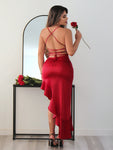 SHEIN SXY Women Sexy Valentine Ruffle Layered Backless Red Dress For Wedding