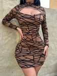 SHEIN Foxxy Hollow Out Geometric Pattern High Neck Long Sleeve Bodycon Dress