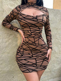 SHEIN Foxxy Hollow Out Geometric Pattern High Neck Long Sleeve Bodycon Dress