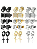 15 Pairs Stainless Steel Earrings For Men Inlaid Stud Cross Dangle Hinged CZ Earrings Stud Hypoallergenic Earrings Huggie Earrings Set For Women Men Ear Piercing Jewelry Set Black Steel Golden