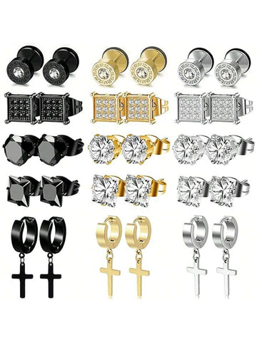 15 Pairs Stainless Steel Earrings For Men Inlaid Stud Cross Dangle Hinged CZ Earrings Stud Hypoallergenic Earrings Huggie Earrings Set For Women Men Ear Piercing Jewelry Set Black Steel Golden