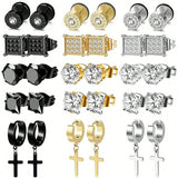 15 Pairs Stainless Steel Earrings For Men Inlaid Stud Cross Dangle Hinged CZ Earrings Stud Hypoallergenic Earrings Huggie Earrings Set For Women Men Ear Piercing Jewelry Set Black Steel Golden