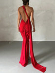 Draped Detail Backless One Shoulder Slit Thigh Dress