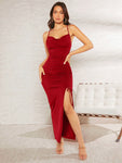 SHEIN Belle Burgundy Red Women'S Drawstring Cutout Hem Cami Dress With Slit