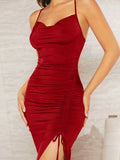 SHEIN Belle Burgundy Red Women'S Drawstring Cutout Hem Cami Dress With Slit