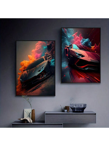 2pcs Canvas Poster, Modern Art, Racing Car Canvas Painting, Explosive Colorful Powder Style Wall Art, Ideal Gift For Bedroom Living Room Kitchen Dorm Corridor, Wall Art, Wall Decoration, Fall Decor, Room Decoration, No Frame - MapleCo