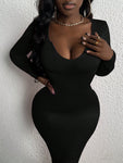 SHEIN Slayr Valentine's Day Dress For Home Leisure And Comfortable Daily New Year Dress With Small U-Neck For Date Elegant And Sexy Girl Tight Bodycon High Elastic Women's Dress Tea Party Long Sleeved Women's Sexy Semi Formal Long Black Bodycon  Dress