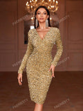 Plunging Neck Backless Sequin Party Dress Elegant Long Sleeve Cocktail Semi Formal Prom Wedding Guest Dress, For Birthday, Graduation, Dinner, Homecoming