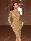 Plunging Neck Backless Sequin Party Dress Elegant Long Sleeve Cocktail Semi Formal Prom Wedding Guest Dress, For Birthday, Graduation, Dinner, Homecoming