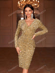 Plunging Neck Backless Sequin Party Dress Elegant Long Sleeve Cocktail Semi Formal Prom Wedding Guest Dress, For Birthday, Graduation, Dinner, Homecoming