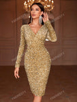 Plunging Neck Backless Sequin Party Dress Elegant Long Sleeve Cocktail Semi Formal Prom Wedding Guest Dress, For Birthday, Graduation, Dinner, Homecoming