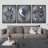 3pcs/Set Heart Abstract 3D Effect Wall Art Canvas, Romantic Hug Couple Bronze Canvas For Modern Home Decor. Ink Cores Drawing Abstract Metal Figure Sculpture Canvas Painting, Suitable For Living Room, Bedroom, Office, Kitchen, Cafe, Waterproof, No Frame. - MapleCo