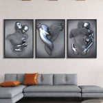 3pcs/Set Heart Abstract 3D Effect Wall Art Canvas, Romantic Hug Couple Bronze Canvas For Modern Home Decor. Ink Cores Drawing Abstract Metal Figure Sculpture Canvas Painting, Suitable For Living Room, Bedroom, Office, Kitchen, Cafe, Waterproof, No Frame. - MapleCo