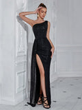 ADYCE One Shoulder Elegant Sequined High Slit Waisted Long Ribbon Prom Cocktail Party Maxi Dress Black Formal Evening Wedding Guest Gown, For Graduation, Dinner