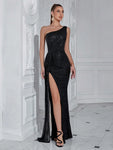 ADYCE One Shoulder Elegant Sequined High Slit Waisted Long Ribbon Prom Cocktail Party Maxi Dress Black Formal Evening Wedding Guest Gown, For Graduation, Dinner