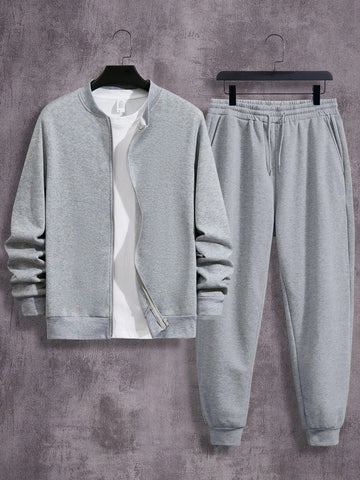 Manfinity Dauomo Men's Zippered Warm Lined Sweatshirt And Pants Two Pieces Set