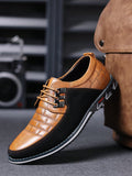 Men's Casual Dress Shoes, Fashion Embroidery PU Leather Shoes, Plaid Lace-up Color Block Business Shoes - MapleCo