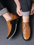 Men's Casual Dress Shoes, Fashion Embroidery PU Leather Shoes, Plaid Lace-up Color Block Business Shoes - MapleCo