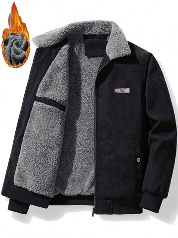 Manfinity Homme Men's Casual Corduroy Patch Detailing Fleece Lined Jacket For Autumn Winter