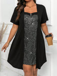 SHEIN Clasi Plus Size Women'S Sparkle Patchwork Short Sleeve Dress