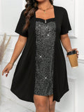 SHEIN Clasi Plus Size Women'S Sparkle Patchwork Short Sleeve Dress