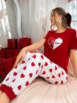 Shein CoupledUp Women's Heart Print Short Sleeve Tee And Long Pants Pajama Set