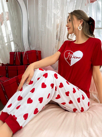 Shein CoupledUp Women's Heart Print Short Sleeve Tee And Long Pants Pajama Set