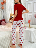 Shein CoupledUp Women's Heart Print Short Sleeve Tee And Long Pants Pajama Set