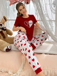 Shein CoupledUp Women's Heart Print Short Sleeve Tee And Long Pants Pajama Set