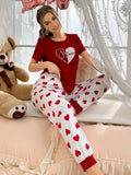 Shein CoupledUp Women's Heart Print Short Sleeve Tee And Long Pants Pajama Set