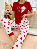 Shein CoupledUp Women's Heart Print Short Sleeve Tee And Long Pants Pajama Set