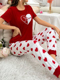 Shein CoupledUp Women's Heart Print Short Sleeve Tee And Long Pants Pajama Set