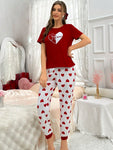 Shein CoupledUp Women's Heart Print Short Sleeve Tee And Long Pants Pajama Set