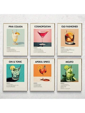 6pcs/Set Classic Bar Cart Decor, Contains Ingredients Describing The Liquor, Trendy Cocktail Poster, Danish Pastel Alcohol Drink Canvas Wall Art, Colorful Funky Wall Decor Painting, For Bar Party College Dorm Apartment, No Frame