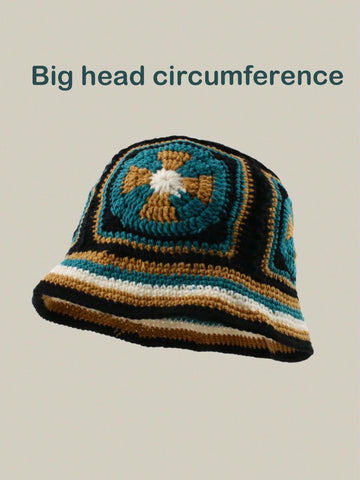 1pc Handmade Crochet Vintage Style Multicolor Checkered Pattern Cross Design Beanie Hat With Head Circumference For Men's Daily Wear During Autumn And Winter, Warm And Fashionable. Boho