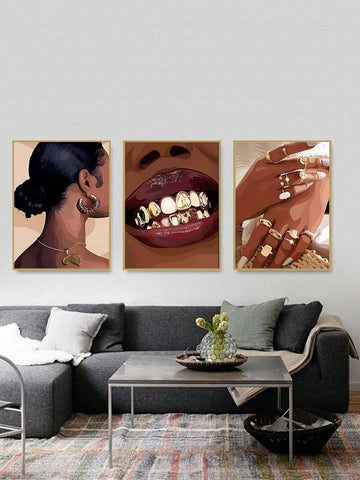 3pcs Bohemian Style Women's Golden Jewelry Set And Gold Tooth Brazilian Carnival Wall Art Paintings (No Frame)