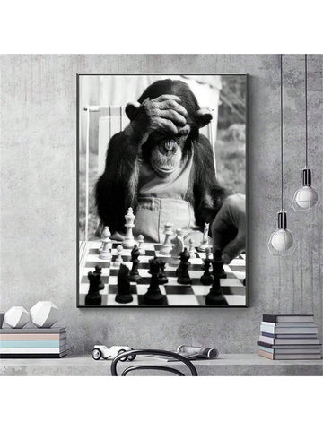 1pc,Canvas Poster, Modern Art, Monkey Play Chess, Animal Poster, Ideal Gift For Living Room, Kitchen, Decor Wall Art Wall Decor, Home Decor, Wall Art, Room Decor, Room Decoration,Unframed - MapleCo