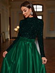 Mock Neck Sparkly Satin Dress With Sequin Contrast, Suitable For Formal Occasions Elegant Long Sleeve Prom Evening Wedding Guest Gown, For Graduation, Dinner, Christmas