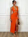 SHEIN BAE Women's Halter Neck Hollow Out Tie Up Back High Slit Dress,Ladies Sexy Backless,Cut Out,Split Thigh Sleeveless Halter Slim Fit Long Orange Plain Bodycon Women Long Dresses,Spring/Summer,Party/Nightclub Outfits