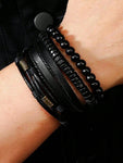 4pcs/Set Retro Punk Style Metallic Wrap-Around Alloy Bracelets With Leather, Jewelry Set