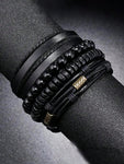 4pcs/Set Retro Punk Style Metallic Wrap-Around Alloy Bracelets With Leather, Jewelry Set