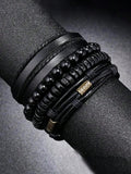 4pcs/Set Retro Punk Style Metallic Wrap-Around Alloy Bracelets With Leather, Jewelry Set