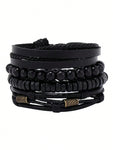 4pcs/Set Retro Punk Style Metallic Wrap-Around Alloy Bracelets With Leather, Jewelry Set