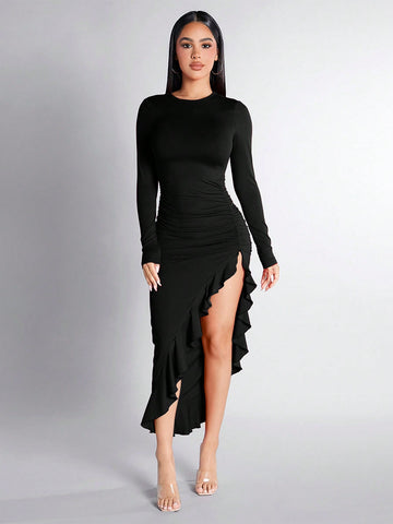 SHEIN PETITE Solid Color Ruffle Trim Decorated Side Slit Dress