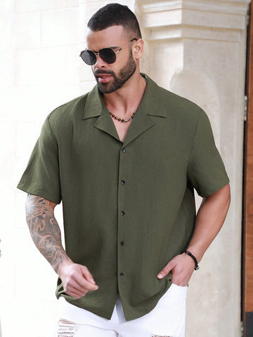 Manfinity Homme Men's Plus Size Solid Color Short Sleeve Shirt, Button Up Plain Green Work Casual Shirt - MapleCo