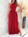 Shiny Velvet One Shoulder Long Split Dress