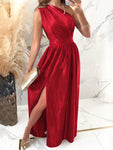 Shiny Velvet One Shoulder Long Split Dress