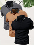 3pcs/Set Men's Summer Solid Color Polo Shirts, Black, Coffee, Grey Regular Fit Casual Business Polo Tees