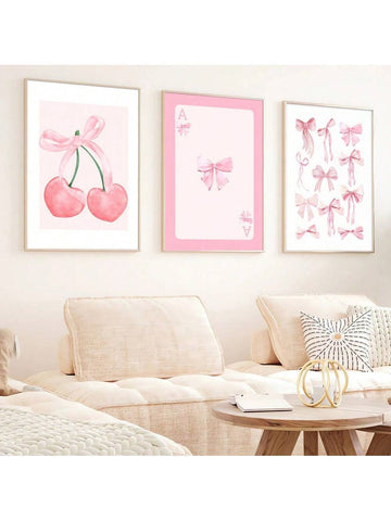 Set Of 3 Unframed Pink Botanical Flower Trendy Art Poster Minimalist Plant Floral Canvas Painting Print Wall Picture For Living Room,Bedroom,Office,Home Decoration,Gift - MapleCo